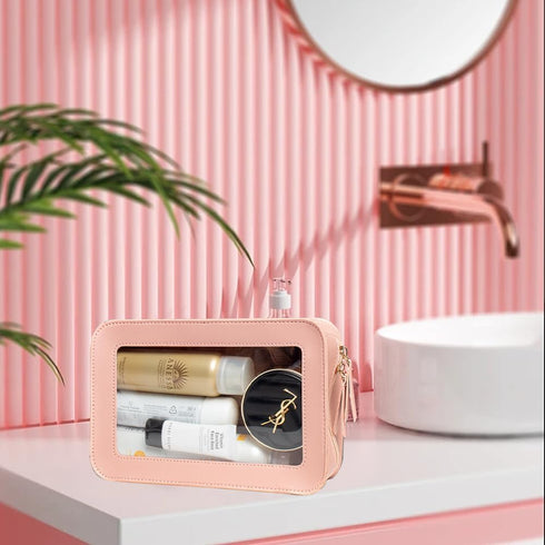Clear Makeup Bag Organizer, TSA Approved Portable Travel Toiletry Bag Multipurpose Cosmetic Bag Case for Women Vegan Leather Make Up Pouch Transpa...