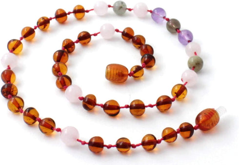 Baltic Amber Necklace with Rose Quartz Amethyst Labradorite (12.6 inches, Cognac/Pink)...