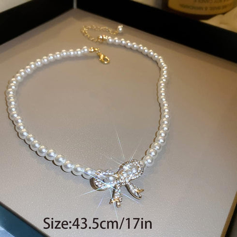 fxmimior Boho Gold Shiny Pearl Rhinestones Bow Choker Necklaces Dainty Rhinestones Pearls Chunky Short 1920s Choker Necklace Gold Chain Choker Nec...