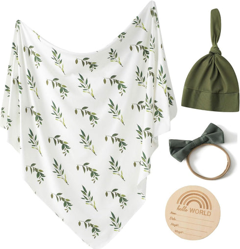 Little Jump stretchy baby Swaddle Blanket and Hat Bow Set, Olive Branches Jersey Cotton Receiving Blanket, newborn hospital outfit for Boys (Green...