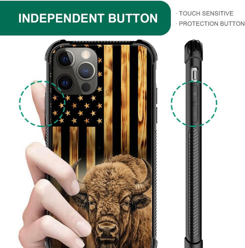 TnXee Case Compatible with iPhone 12 Case, Wood Grain American Flag Cow@Bison Pattern Design case for iPhone 12 Pro Cases for Mans Women, Shockpro...