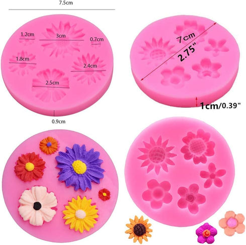 4Pcs/Set Mini Flower & Leaf Fondant Molds, Rose Daisy Sunflower Silicone Gumpaste Molds for Cake Cupcake Topper Decoration Small Leaves Chocolate ...