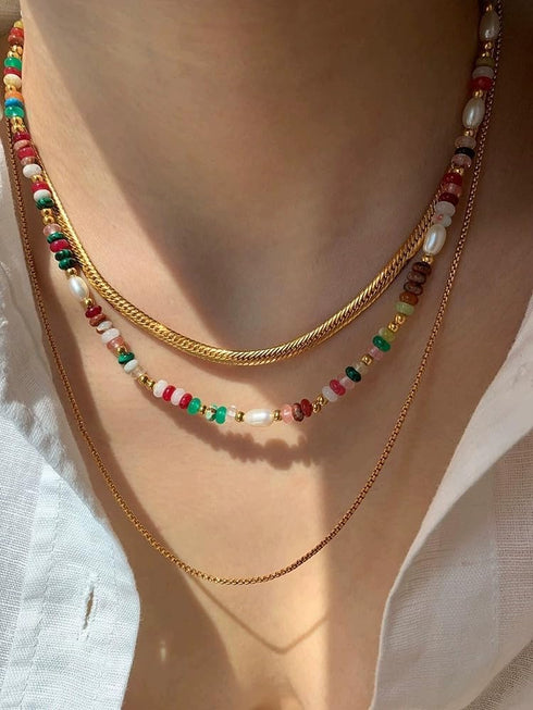 Colorful Beaded Gemstone Neckelace for Women Natural Stone Freshwater Pearl Necklace Colorful Rainbow Boho Bead Choker Necklace Charm Jewelry...