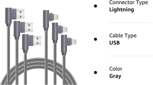 3 Pack 6FT 90 Degree iPhone Charging Cable 2.4A Super Fast Charging Cable Compatible with iPhone Xs Max/XS/XR/7/7Plus/X/8/8Plus/6S/6S Plus/SE (Gra...