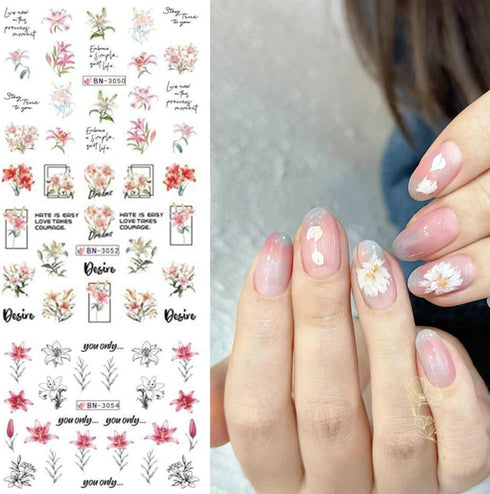Flowers Nail Art Stickers 12 Sheets Spring Nail Decals Blooming Lily Floral Water Transfer Nail Stickers for Women Girls Summer Flower Nail Art Su...