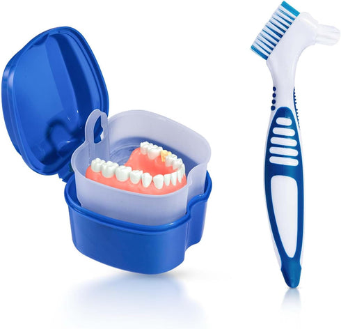 Blue Denture Bath Case Cup Box Holder Storage Container with Denture Cleaner Brush Strainer Basket for Travel Cleaning...