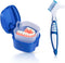 Blue Denture Bath Case Cup Box Holder Storage Container with Denture Cleaner Brush Strainer Basket for Travel Cleaning...