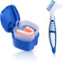 Blue Denture Bath Case Cup Box Holder Storage Container with Denture Cleaner Brush Strainer Basket for Travel Cleaning...