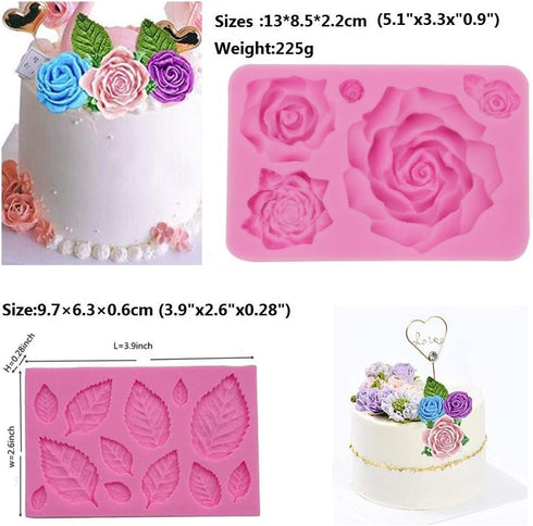 Large Rose Mold Silicone,Rose Flower and Leaves Fondant Cake Molds,Leaf Candy Chocolate Molds for Wedding Cake Decoration, Sugarcraft,Cupcake Topp...