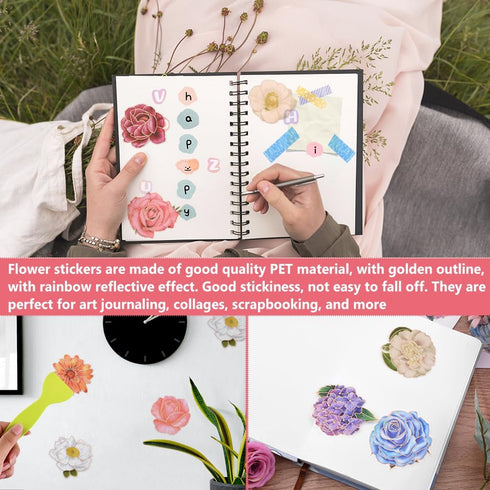 80pcs Floral Stickers,Flower Stickers,Scrapbook Stickers,Holographic Sticke for Large Floral Stickers Journal Supplies Aesthetics with Sticker Scr...