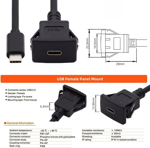 NFHK Waterproof Dustproof USB-C Type-C USB 3.1 10Gbps Extension Flush Car Latch Mount Extension Cable for Dashboard Panel...