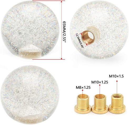 65mm Shifter Knob Silver Powder Universal Gear Shift knob Crystal Acrylic Ball for Manual Automatic Vehicles, with 3 Adapters...