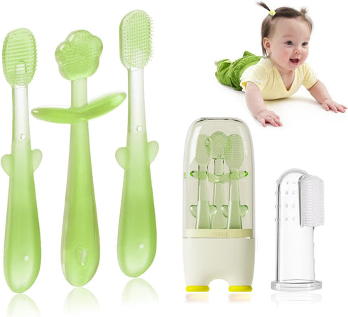 FOKiiBO Baby Silicone Toothbrush Set, Toothbrush + Tongue Brush + Toothbrush + Finger Toothbrush with Cup for Training Teething, 0-18M Infant Todd...