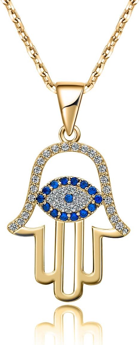 SLOONG Evil Eye Hamsa Hand Necklace 14k Gold Plated Third Eye White Blue Cz Womens Pendant Necklace...