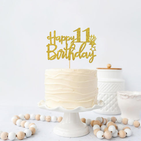 Gold Glitter Happy 11th Birthday Cake Topper - 11 Sign Cake Topper - Cheers to 11 Years Party Supplies - 11th Birthday Party Decoration...