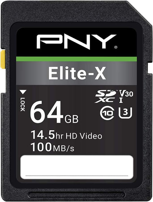 PNY 64GB Elite-X Class 10 U3 V30 SDXC Flash Memory Card - 100MB/s, Class 10, U3, V30, 4K UHD, Full HD, UHS-I, Full Size SD...