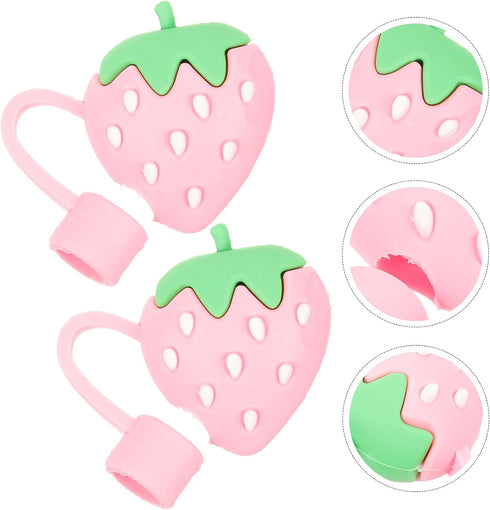 Pink Cute Strawberries Cartoon Straw Silicone Straw Plug, Straws Decorative Cap Staw Tips Bottle Accessories?Drinking Straw Dispensers?Kitchen Ute...