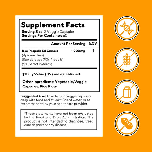 Bee Propolis Extract Capsules 1000mg Supplement for Immune Support, Vitality, Skin Health - Potent Polyphenols, Flavanoids, Antioxidants - 120 Cou...