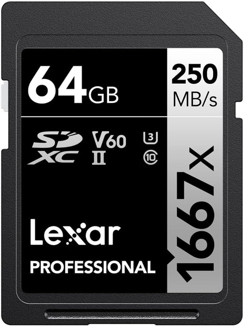 Lexar 64GB Professional 1667x SDXC Memory Card, UHS-II, C10, U3, V60, Full-HD & 4K Video, Up To 250MB/s Read, for Professional Photographer, Video...