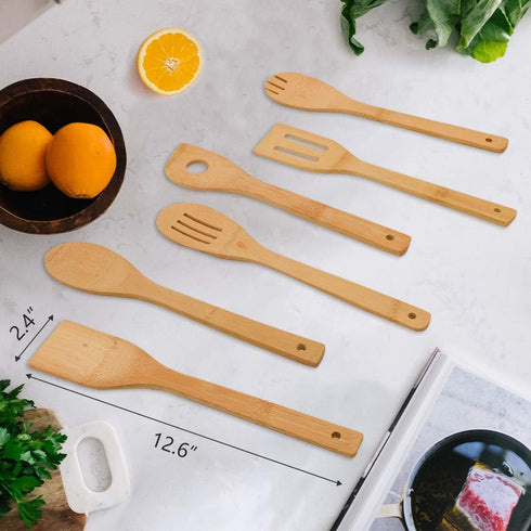 Bamboo Kitchen Utensils, 6 pcs Nonstick Spatula Tools with Handles, Heat Resistant Spatula Set, Non-stick Cooking Utensil, Premium Wooden Spoon Se...
