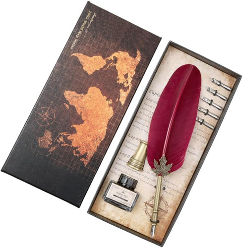 Feather Quill Pen Vintage Feather Dip Ink Pen Set Copper Pen Stem Writing Quill Pen Calligraphy Pen As Christmas Birthday Gift Set (wine red)...