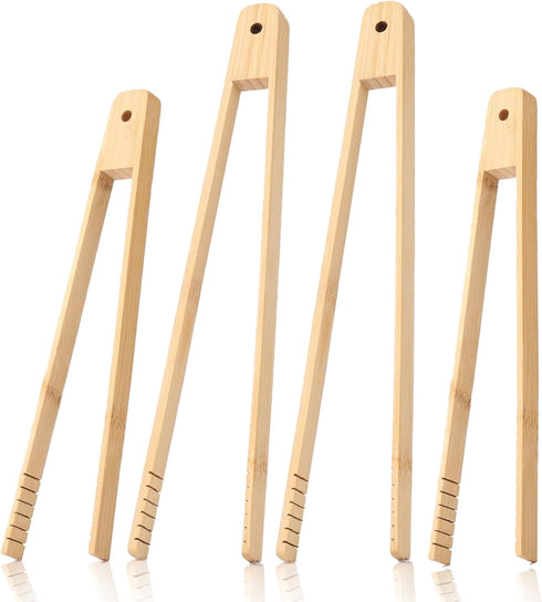 4 Pcs Bamboo Tongs Set: Wooden Tongs for Cooking, 11.8in Kitchen Long Tongs & 9.8in Toaster Tongs, Bamboo Tongs for Kitchen Salad, Bacon, Pickles,...