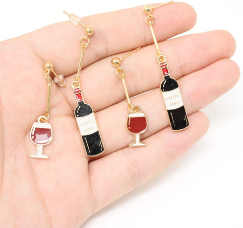 Honbay 2 Pairs of Unique Wine Glass Wine Bottle Dangle Drop Earrings Enamel Alloy Red Wine Glass Earrings Fun Novelty Creative Earrings Asymmetric...