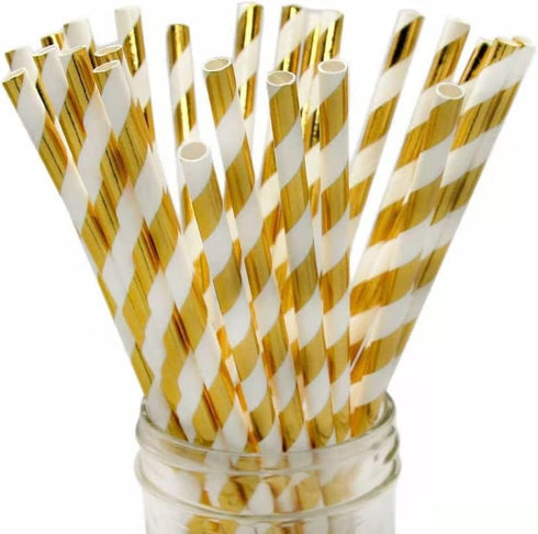 Clinquant Gold Lightful Stripes Paper Drinking Straws Weddings Decoration Party Straws, 100 Pcs Disposable Gold Striped Straw in Kraft Box...