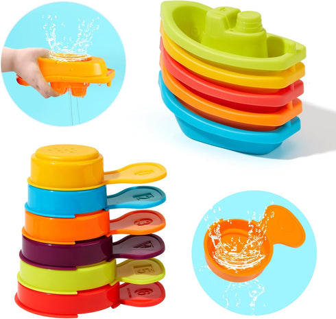 Bath Toys Rainbow Floating Boats with Bathing Spoon, 11 Pcs Water Table Toys Baby Bath Toys for Toddlers 1-3/Infants 6-12-18 Months Bathtub Toys S...