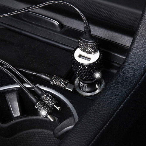 Bling Car Charger with USB Cable Set,Luxury Crystal Car Accessories Kits for Girls & Women,Rhinestone Dual USB Car Charger with Bling 3 in 1 Nylon...
