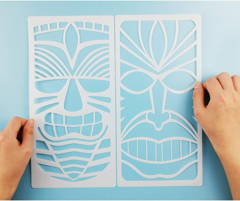 Tiki Tribe Stencils, 16 Pcs Tiki Totems Face with Open Mouth Stencils Reusable Template A4 Size for Painting on Wood Fabric Canvas Wall DIY Art Pr...