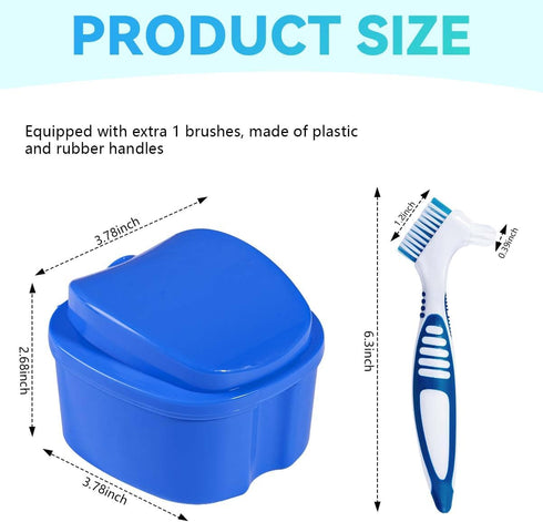 Blue Denture Bath Case Cup Box Holder Storage Container with Denture Cleaner Brush Strainer Basket for Travel Cleaning...