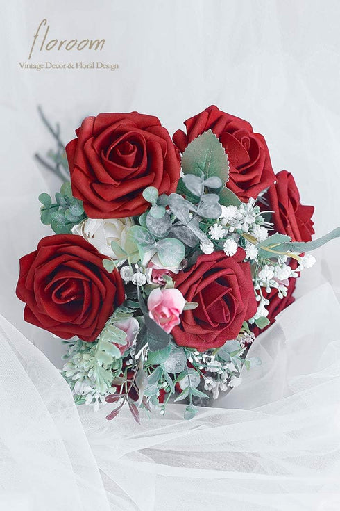 Floroom Artificial Flowers 25pcs Real Looking Dark Red Foam Fake Roses with Stems for DIY Wedding Bouquets Bridal Shower Centerpieces Party Decora...