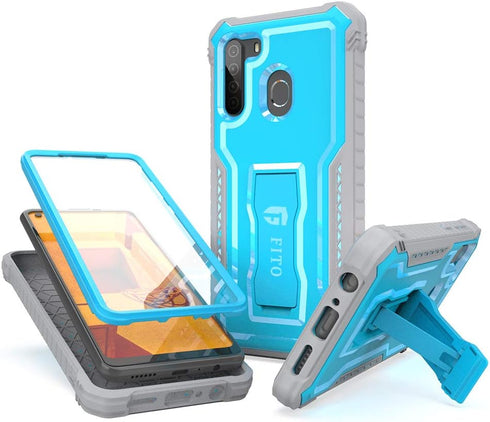 FITO for Samsung Galaxy A21 Case, Dual Layer Shockproof Heavy Duty Case with Screen Protector for Samsung A21 Phone, Built-in Kickstand (Blue)...
