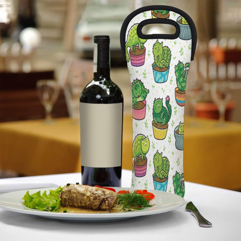 Cactus Cat Wine Bag Neoprene Wine Tote Bags Leakproof Travel Wine Tote with Handle Reusable Cooler Bag for Camping Picnic Travel Wine Lover Gift...