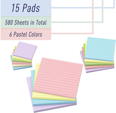 EOOUT Lined Sticky Notes, 15 Pack Pastel Colored Self-Stick Pads, Super Sticking Power Memo Pads for Notebook Home School Office Supplies...