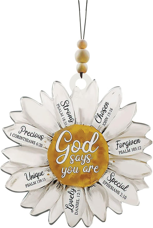 Talataca Daisy 2D Flat Car Ornament & Wood Beads, God Says You are Christian Beaded Rear View Mirror Accessories, Rearview Hanging Charm, Christma...
