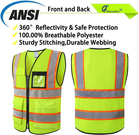 Reflective Mesh Safety Vest for Men Women with 8 Pockets and Zipper Front High Visibility Mesh Vest Hi Vis Construction Work Vest,Meets ANSI/ISEA ...