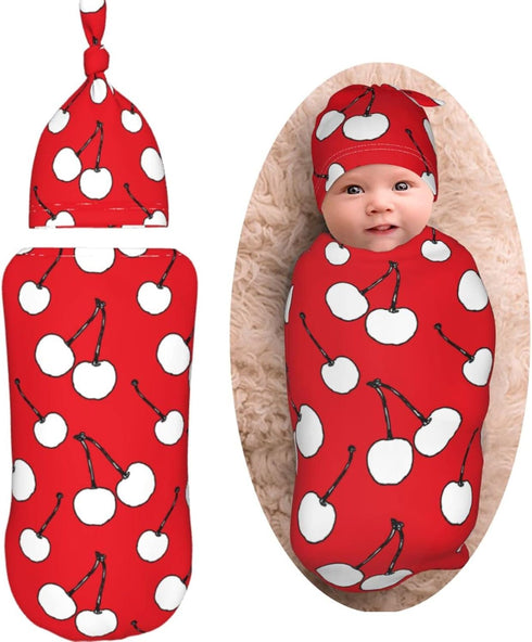White Abstract Cherry Berries Newborn Swaddle Blanket with Beanie Set Soft Baby Sleep Sack Stretch Adjustable Swaddle Wraps Receiving Blankets for...