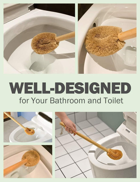 Updated Modern Version Toilet Bowl Brush, Natural Coconut Fiber Brush Head and Beechwood Handle for Bathroom Toilet - Sturdy, Deep Cleaning, Eco-F...