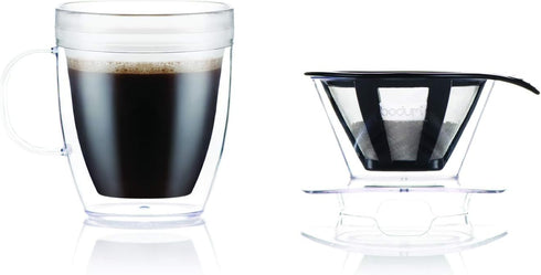 Bodum 12oz Pour Over Coffee Dripper Set w/ Double Wall Mug and Reusable Permanent Filter, Plastic, BPA-Free, Clear...