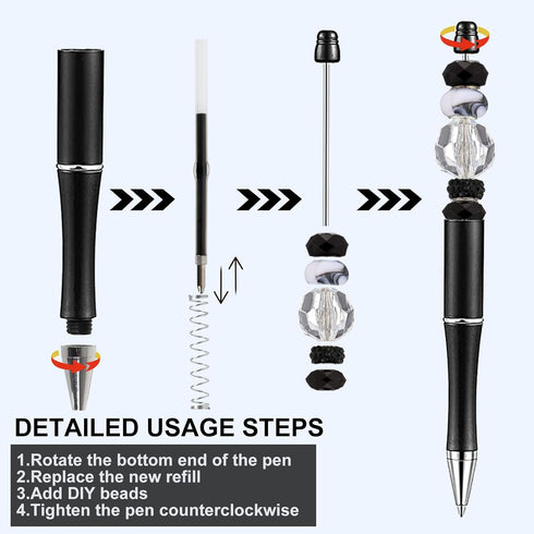 Whaline 24Pcs Beadable Pen Black Gold Silver Bead Ballpoint Pen Gel Ink Pen Retractable Writing Pens with Extra Refills for DIY Crafts Office Scho...