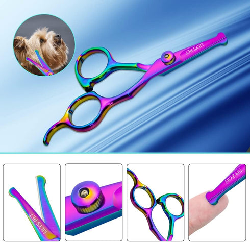 Safety Round-tip Scissors Set Professional PET Dog Grooming Coated Titanium Scissors Suit Cutting&Curved&Thinning Shears (Rainbow)...