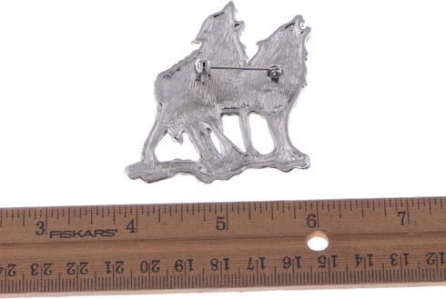 Alilang Silvery Tone Clear Rhinestones Emerald Green Eyes Howling Couple Wolves Animals Lapel Brooch Pin...