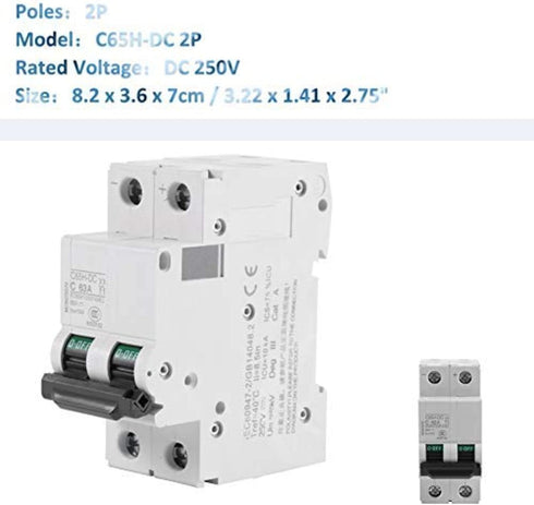 2-Pole Circuit Breaker, 250V DC 2P DIN Rail Mount Miniature Circuit Breaker, 16A/32A/63A 1pc for Solar Panels Grid System Wind, Solar System & Oth...