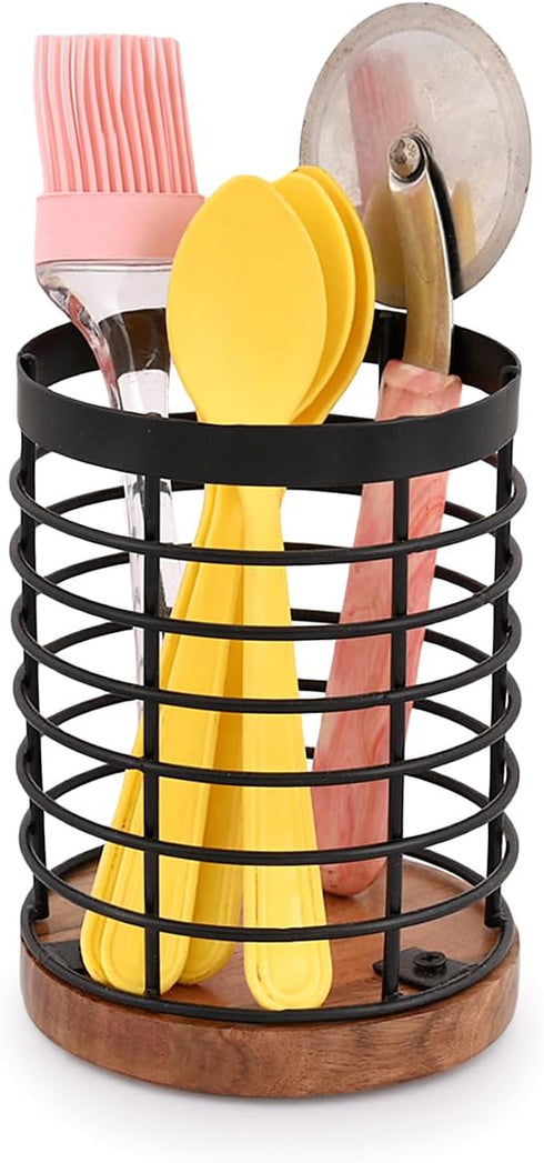 Black Iron Kitchen Utensil Holder with Acacia Wooden Base Round Flatware Storage for Countertop (4.5" x 4.5" x 6")...