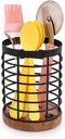 Black Iron Kitchen Utensil Holder with Acacia Wooden Base Round Flatware Storage for Countertop (4.5" x 4.5" x 6")...