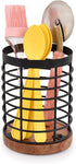 Black Iron Kitchen Utensil Holder with Acacia Wooden Base Round Flatware Storage for Countertop (4.5" x 4.5" x 6")...