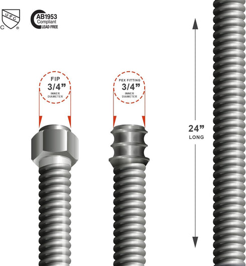 Flextron FTWC-S34-24F 24" Corrugated Connector for Water Heater with 3/4" Fip and 3/4" Pex Ends, Stainless Steel...