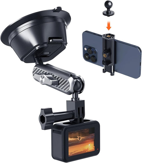 Suction Cup Mount for Gopro iPhone, Anti-Shake Metal Arm Car Camera Mount with 1/4 Thread & Phone Holder, Car Boat Windshield Window VLOG/Video Ho...